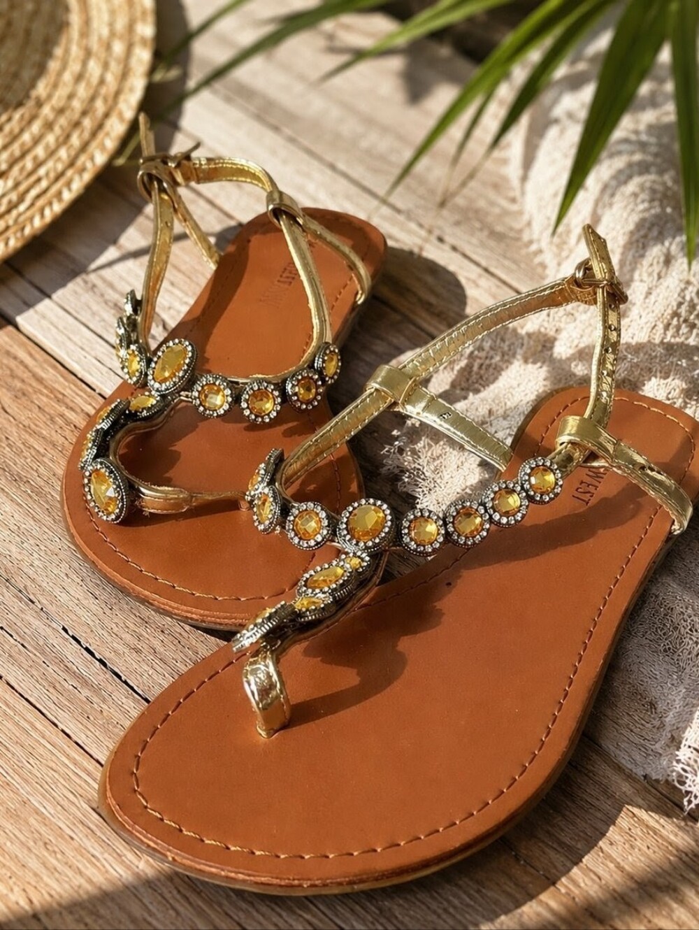 Nine West Gold Jeweled Women's Sandals Size 7.5 Resort Cruise Wedding Festival